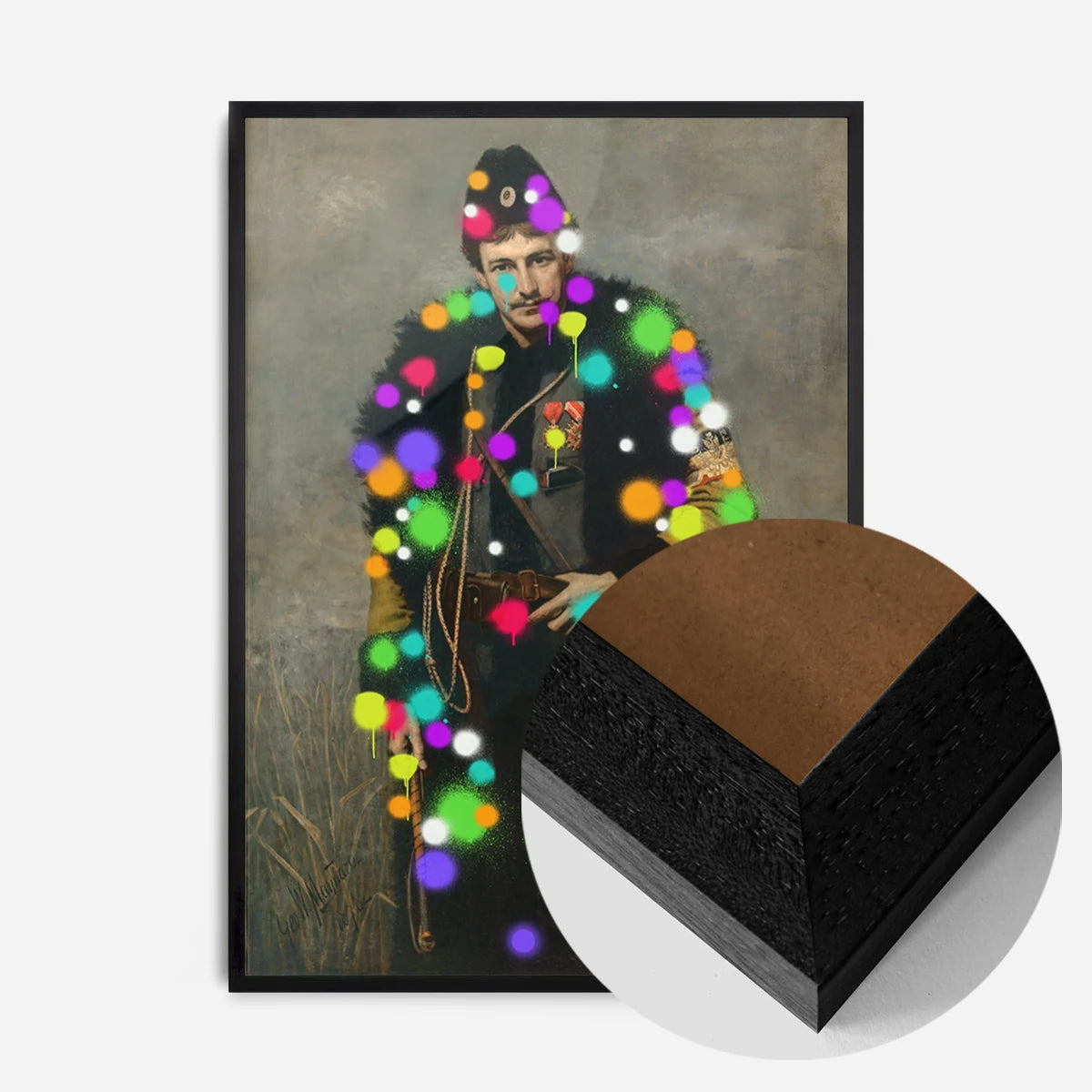 splattered soldier portrait print in a black wood frame, side profile