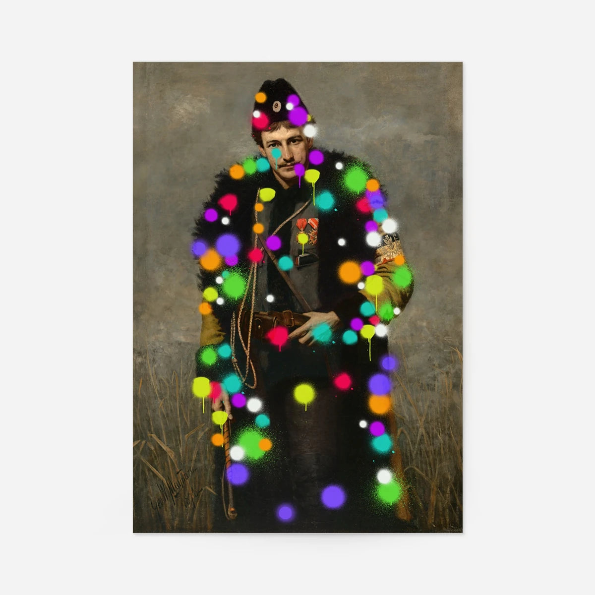 Paintball Soldier altered art print: vintage soldier portrait splashed with neon spray paint splatters