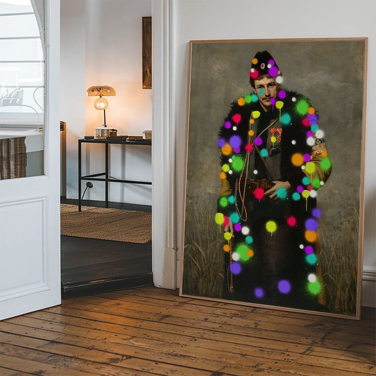 Splattered soldier portrait print hanging in a hallway as a colourful statement piece
