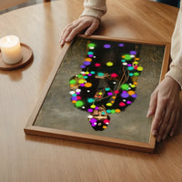 The print of a soldier covered in neon paint blobs on a bedroom wall