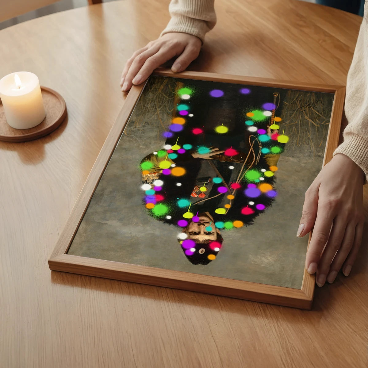 The print of a soldier covered in neon paint blobs on a bedroom wall