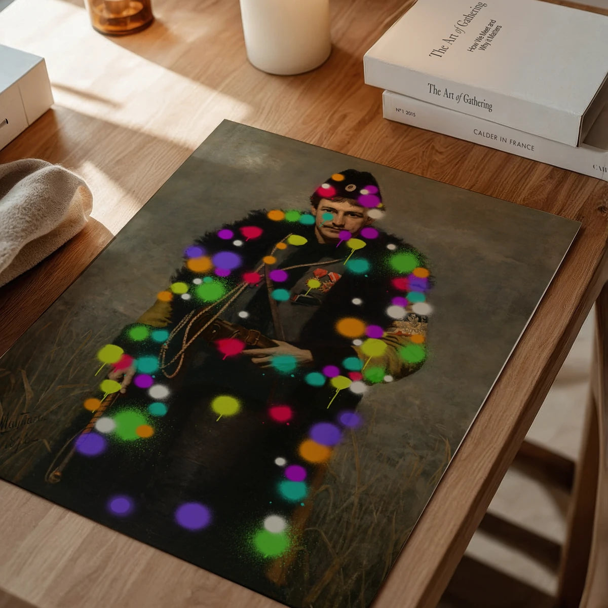 The print of a paint-splashed soldier on a dining room wall as a bold focal point