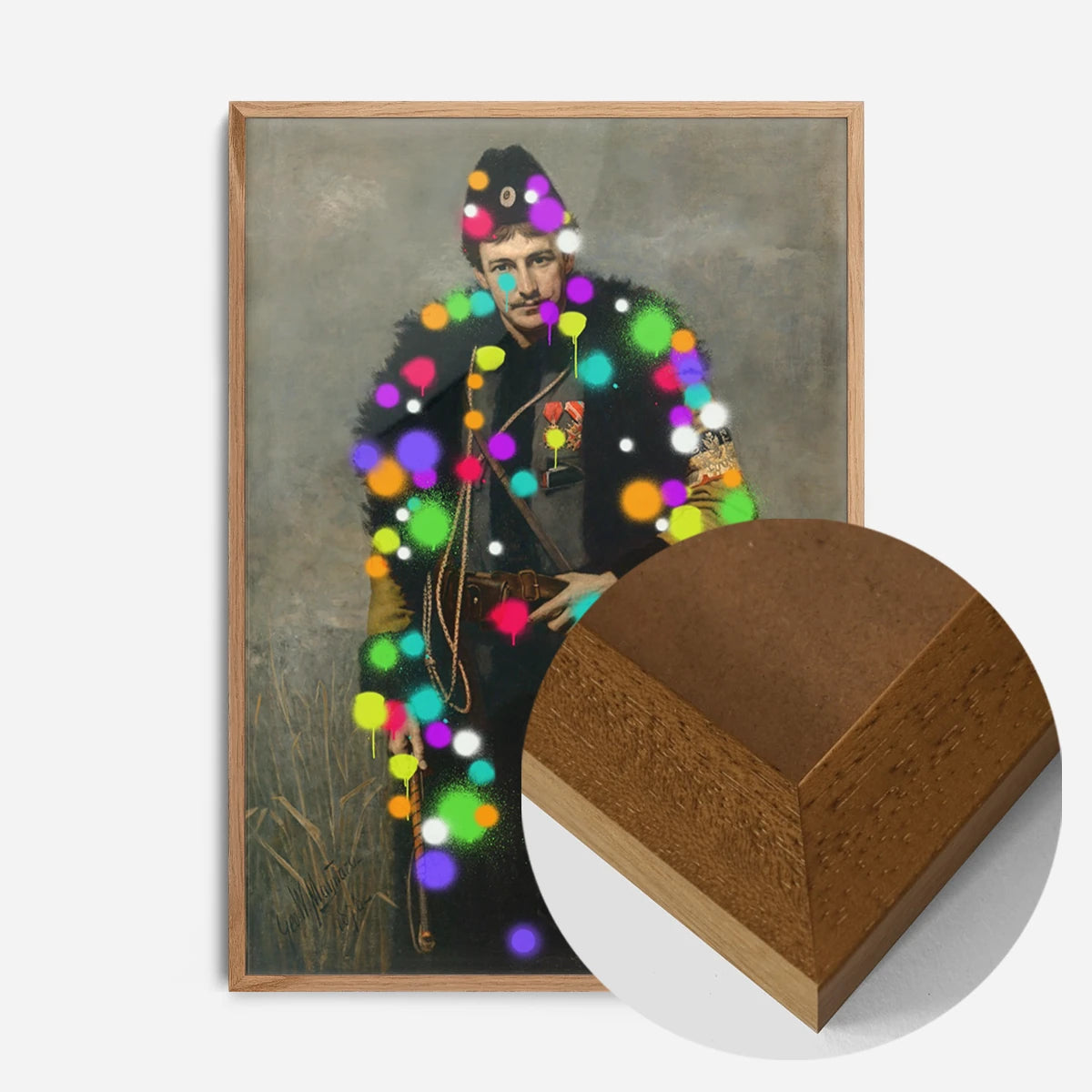 splattered soldier portrait print in an oak wood frame, side profile