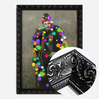 splattered soldier portrait print in a black ornate frame, side profile