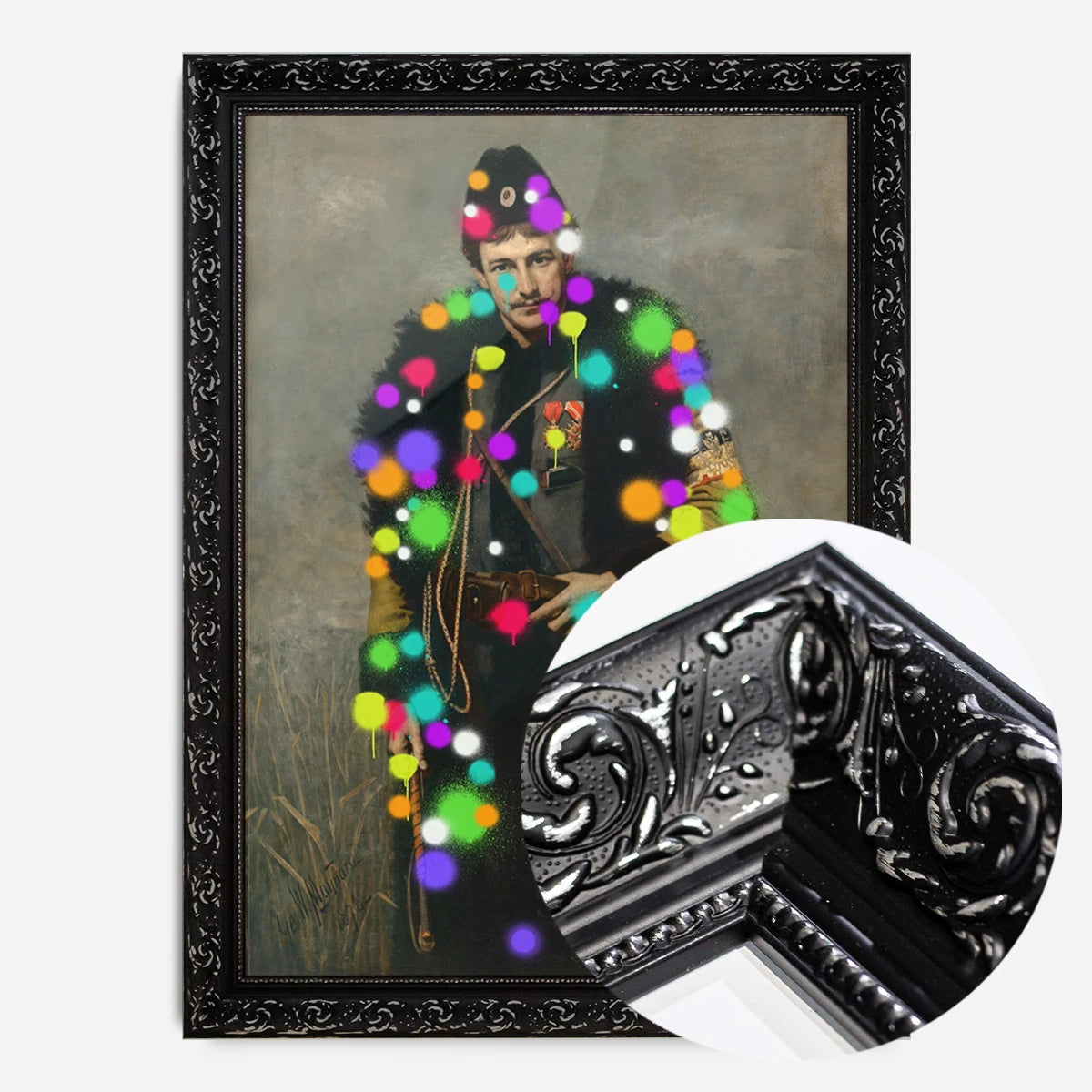 splattered soldier portrait print in a black ornate frame, side profile