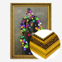 splattered soldier portrait print in a gold ornate frame, side profile