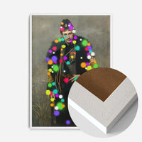 splattered soldier portrait print in a white wood frame, side profile