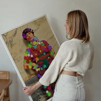 Paintball Lady print framed on a living room wall, a colourful splatter portrait of a classical lady