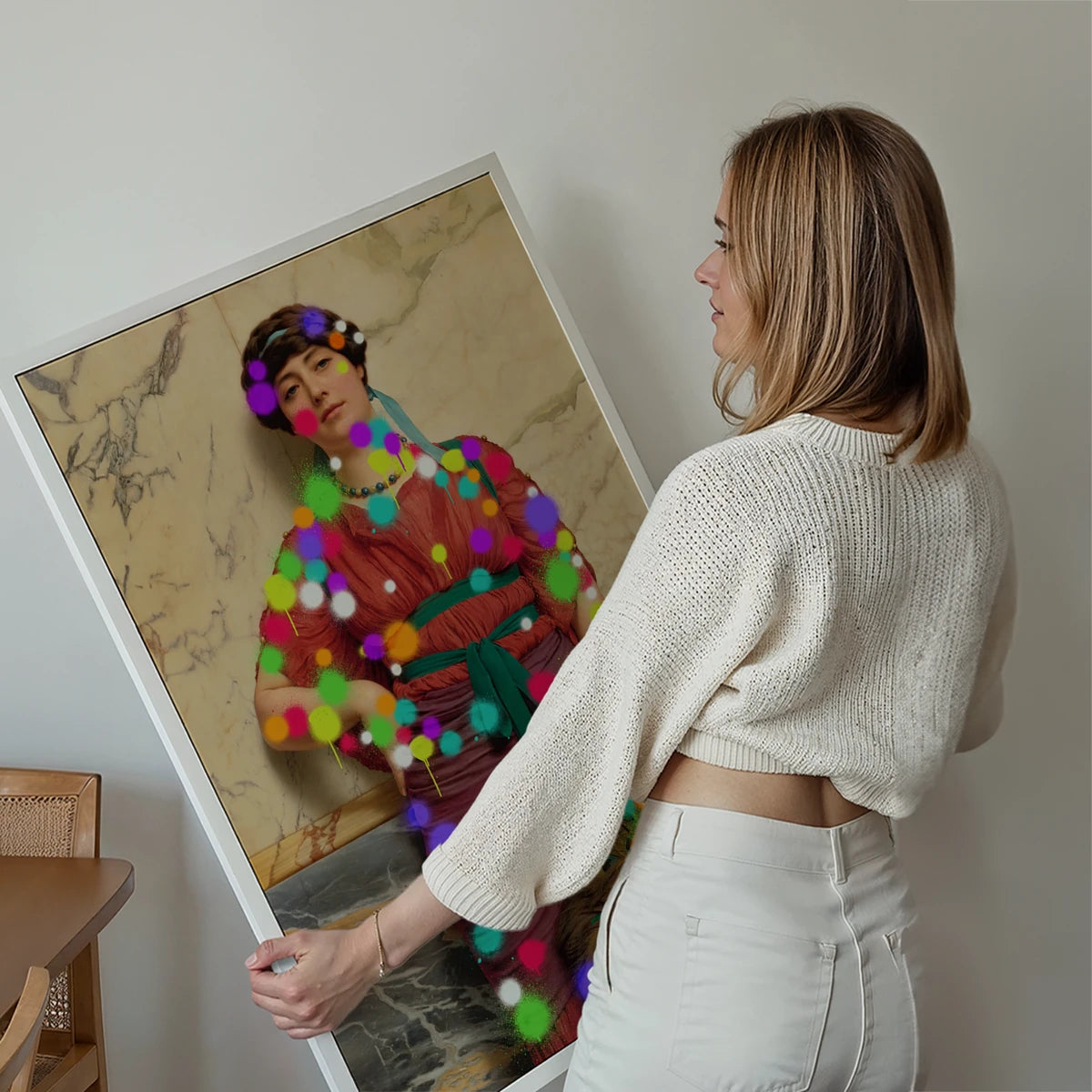 Paintball Lady print framed on a living room wall, a colourful splatter portrait of a classical lady