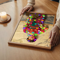The print displayed in a bedroom, a neon paint-splattered portrait in portrait orientation