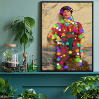 Paintball Lady print on a home office wall adding a playful pop of colour