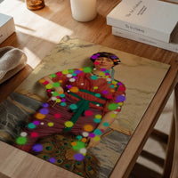 Paintball Lady print in a dining room, a framed altered art portrait with vivid neon splashes