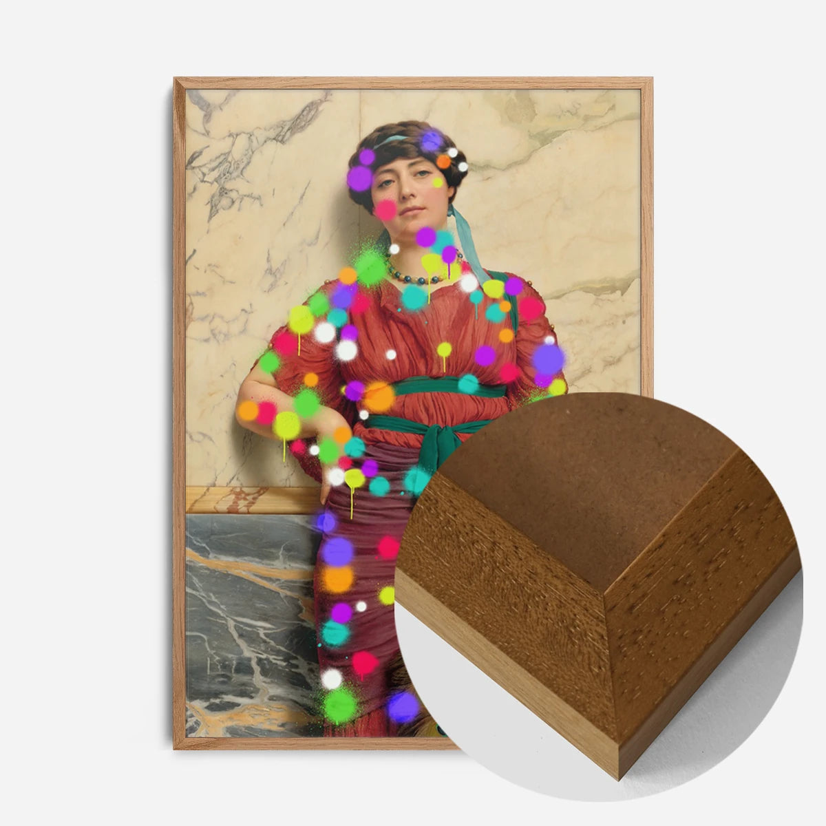 splattered classical lady portrait print in an oak wood frame, side profile