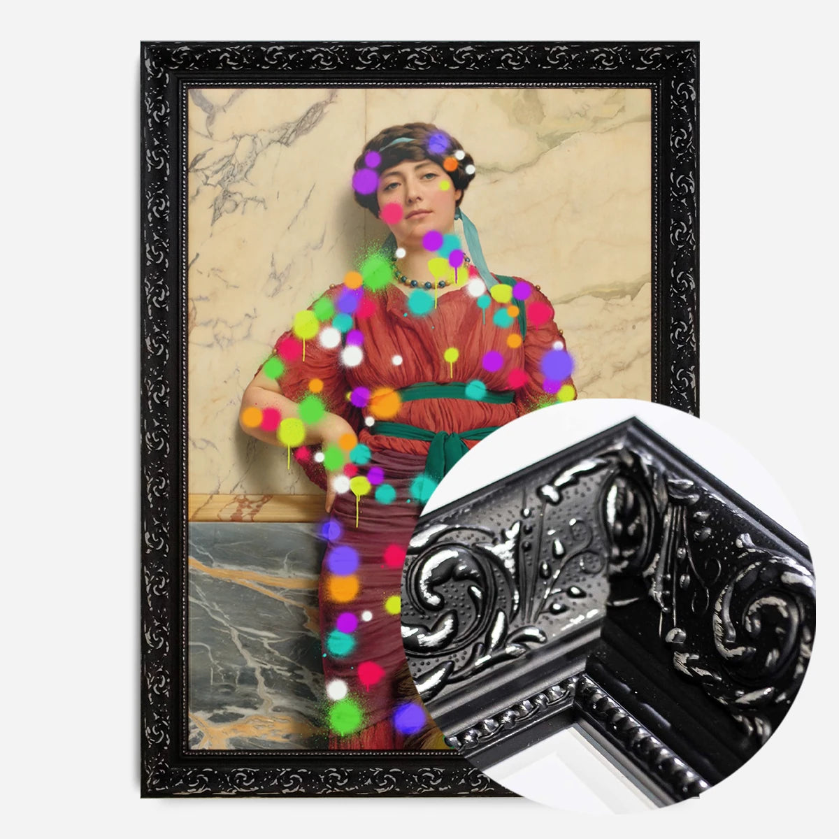 splattered classical lady portrait print in a black ornate frame, side profile