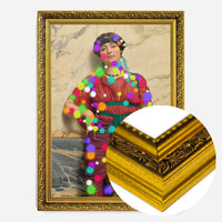 splattered classical lady portrait print in a gold ornate frame, side profile