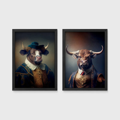 Set of 2 framed prints, bulls in noble dress: a bull in a blue velvet noble collar and hat; and a bull in a gold-trimmed jacket with a red tie — unframed