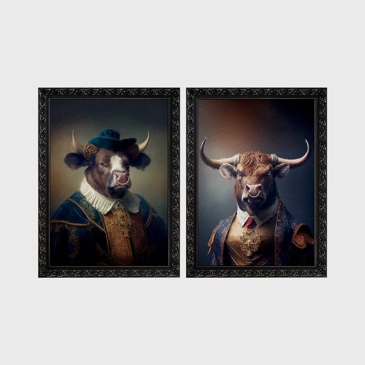 Set of 2 framed prints, bulls in noble dress: a bull in a blue velvet noble collar and hat; and a bull in a gold-trimmed jacket with a red tie — unframed