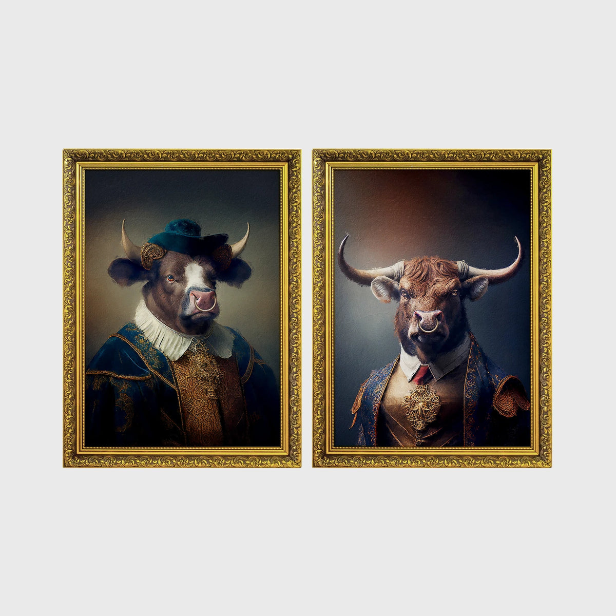 Set of 2 framed prints, bulls in noble dress: a bull in a blue velvet noble collar and hat; and a bull in a gold-trimmed jacket with a red tie — unframed