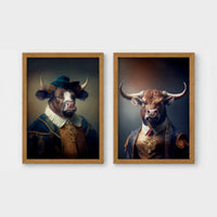 Set of 2 framed prints, bulls in noble dress: a bull in a blue velvet noble collar and hat; and a bull in a gold-trimmed jacket with a red tie — unframed
