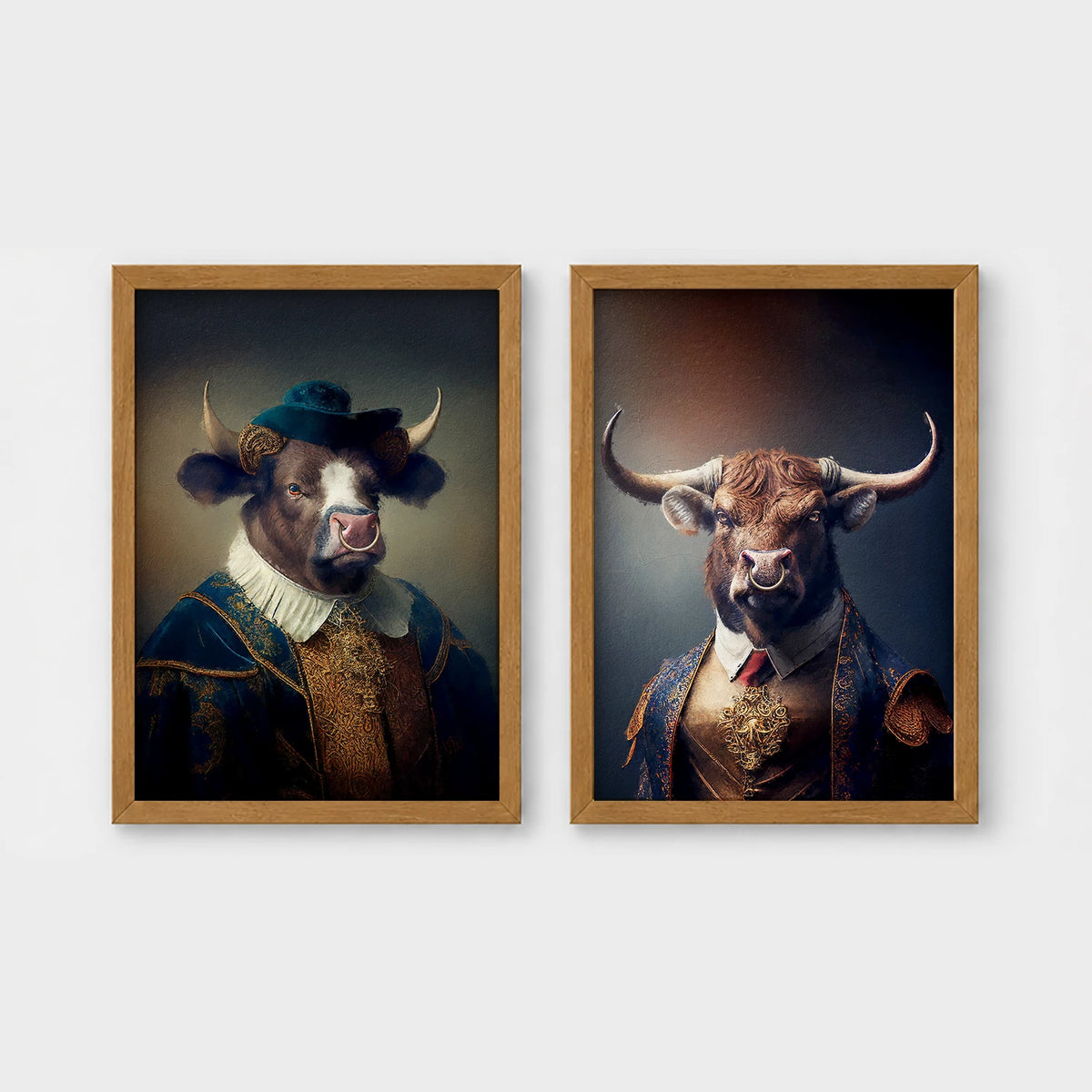 Set of 2 framed prints, bulls in noble dress: a bull in a blue velvet noble collar and hat; and a bull in a gold-trimmed jacket with a red tie — unframed
