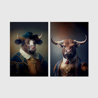 Set of 2 framed prints, bulls in noble dress: a bull in a blue velvet noble collar and hat; and a bull in a gold-trimmed jacket with a red tie — unframed