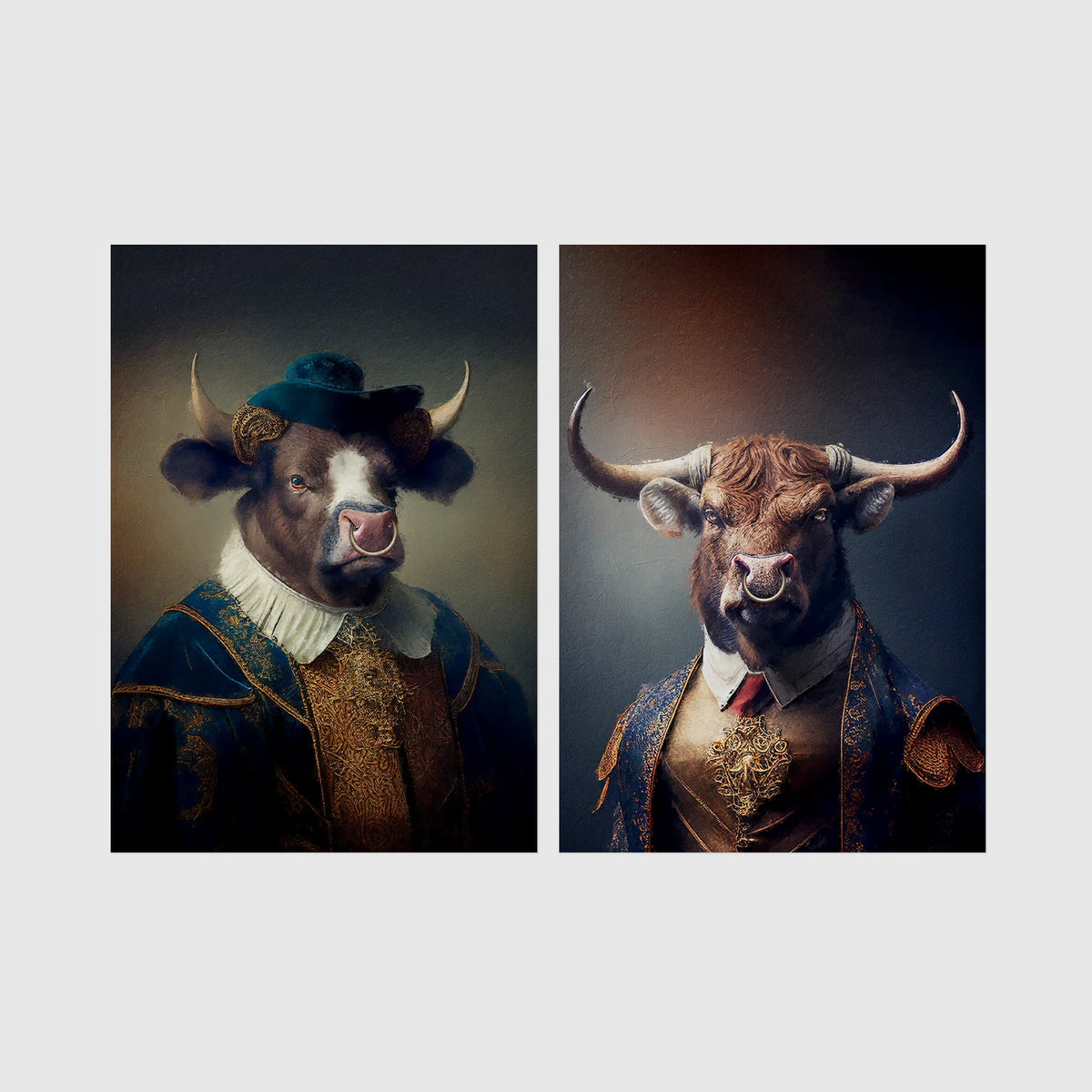 Set of 2 framed prints, bulls in noble dress: a bull in a blue velvet noble collar and hat; and a bull in a gold-trimmed jacket with a red tie — unframed