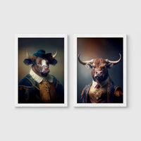 Set of 2 framed prints, bulls in noble dress: a bull in a blue velvet noble collar and hat; and a bull in a gold-trimmed jacket with a red tie — unframed