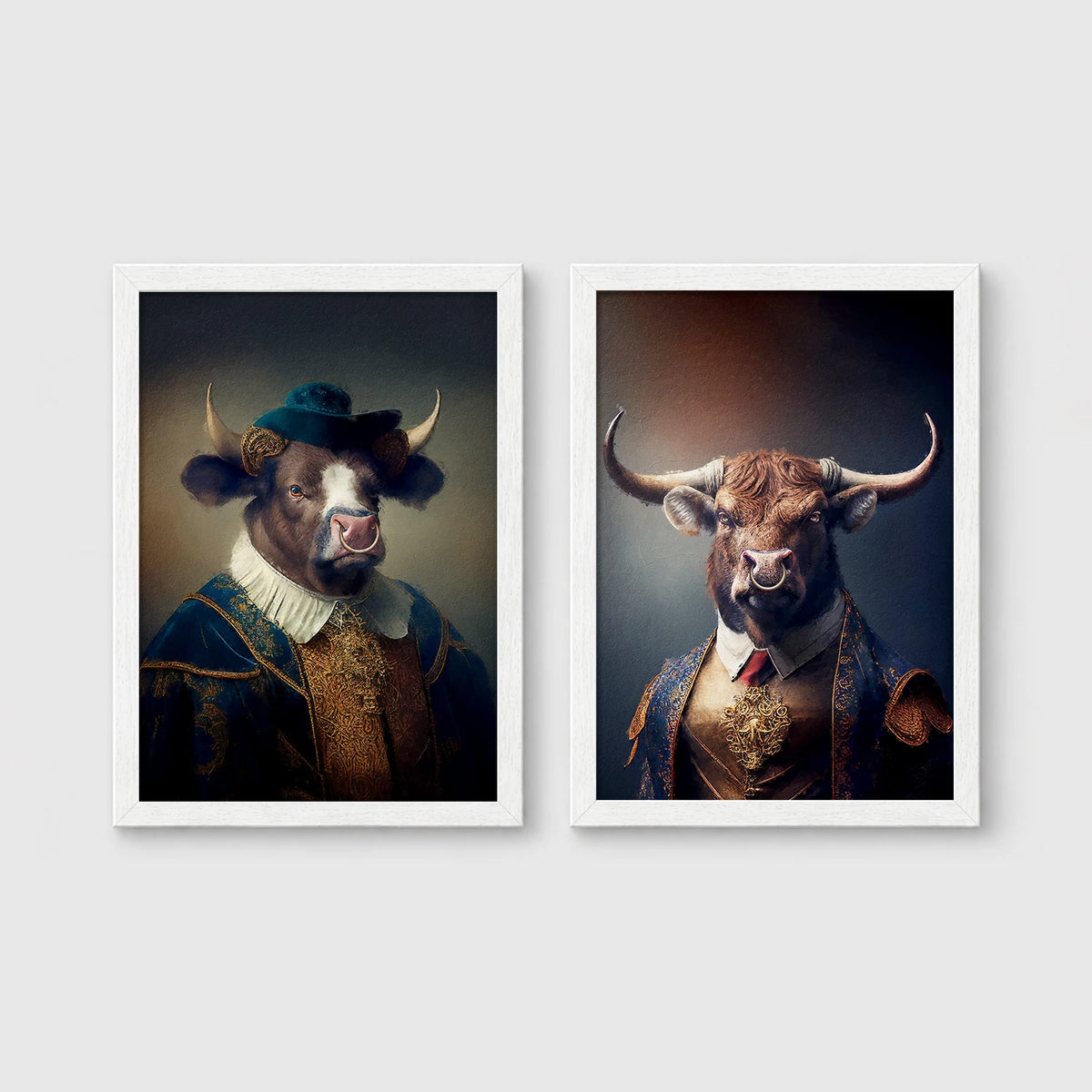 Set of 2 framed prints, bulls in noble dress: a bull in a blue velvet noble collar and hat; and a bull in a gold-trimmed jacket with a red tie — unframed