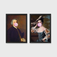 Set of 2 framed prints, classical portraits blowing bubblegum: a classical gentleman's portrait blowing pink bubblegum; and a classical lady's portrait blowing pink bubblegum — unframed