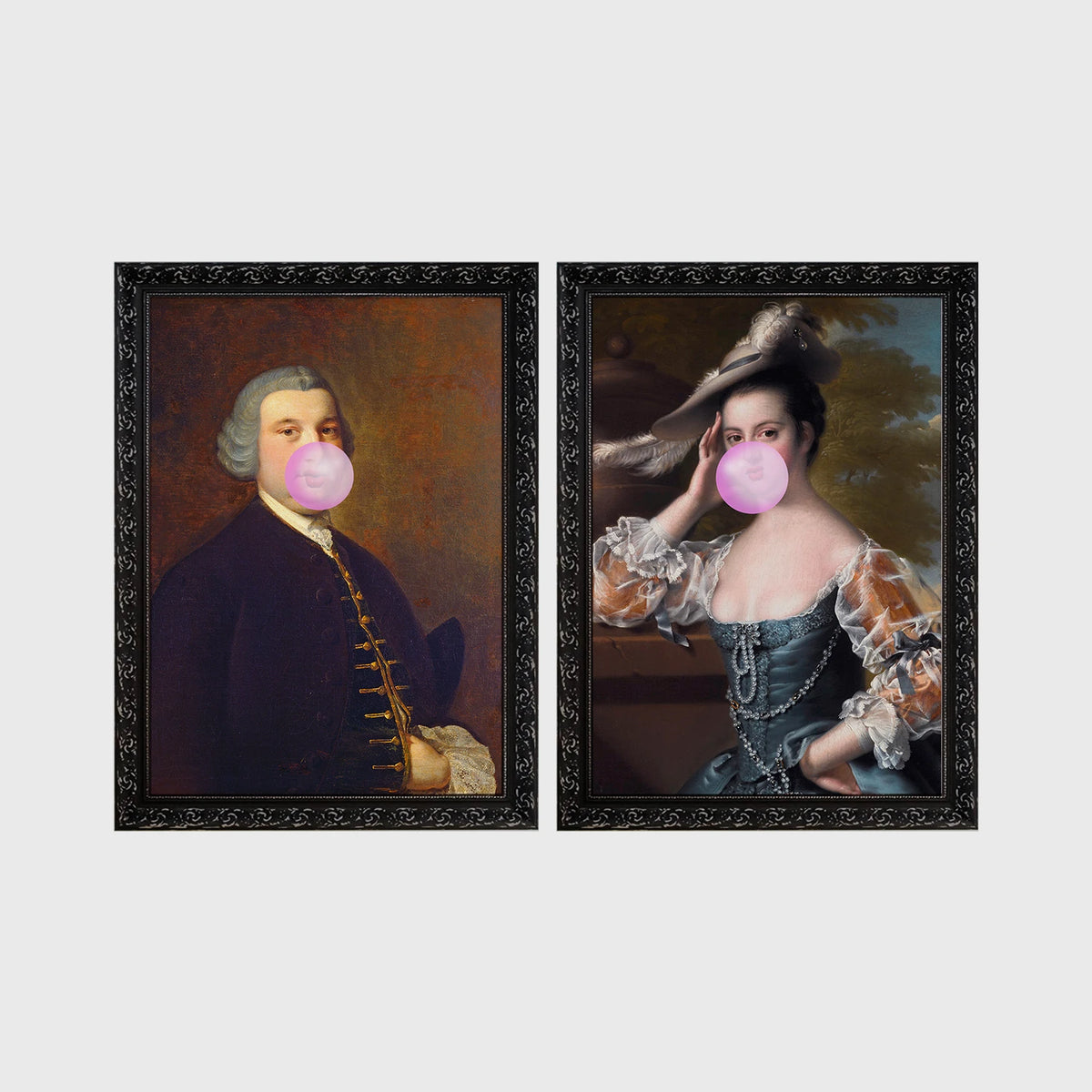 Set of 2 framed prints, classical portraits blowing bubblegum: a classical gentleman's portrait blowing pink bubblegum; and a classical lady's portrait blowing pink bubblegum — unframed