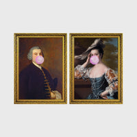 Set of 2 framed prints, classical portraits blowing bubblegum: a classical gentleman's portrait blowing pink bubblegum; and a classical lady's portrait blowing pink bubblegum — unframed
