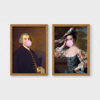 Set of 2 framed prints, classical portraits blowing bubblegum: a classical gentleman's portrait blowing pink bubblegum; and a classical lady's portrait blowing pink bubblegum — unframed