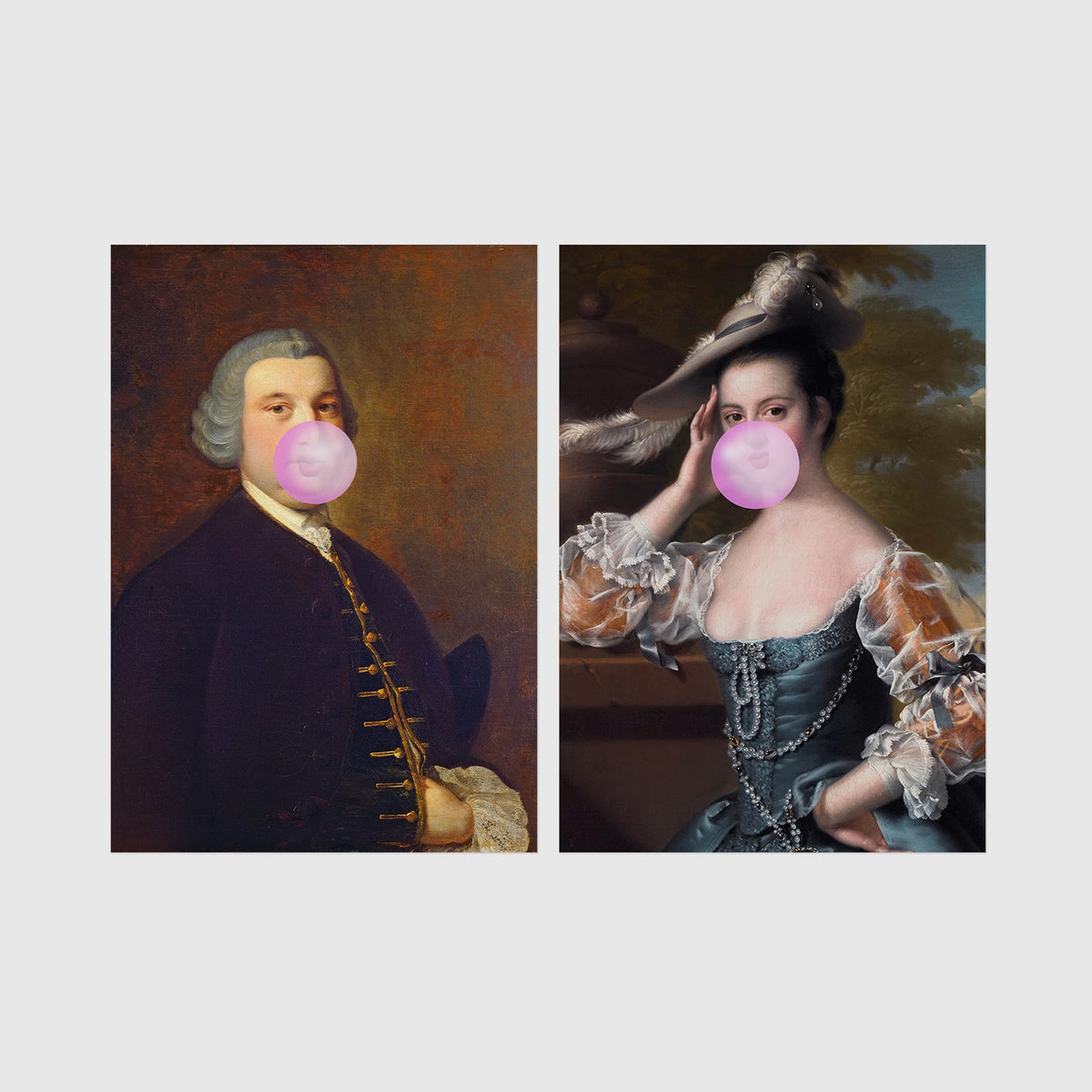 Set of 2 framed prints, classical portraits blowing bubblegum: a classical gentleman's portrait blowing pink bubblegum; and a classical lady's portrait blowing pink bubblegum — unframed