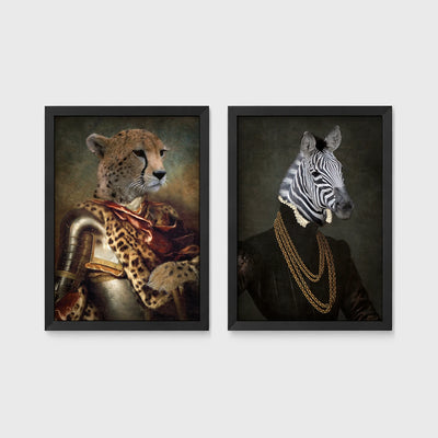 Set of 2 framed prints, animals in armour/noble dress: a cheetah in ornate armour; and a zebra in a dark robe with gold chains — unframed