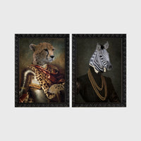 Set of 2 framed prints, animals in armour/noble dress: a cheetah in ornate armour; and a zebra in a dark robe with gold chains — unframed