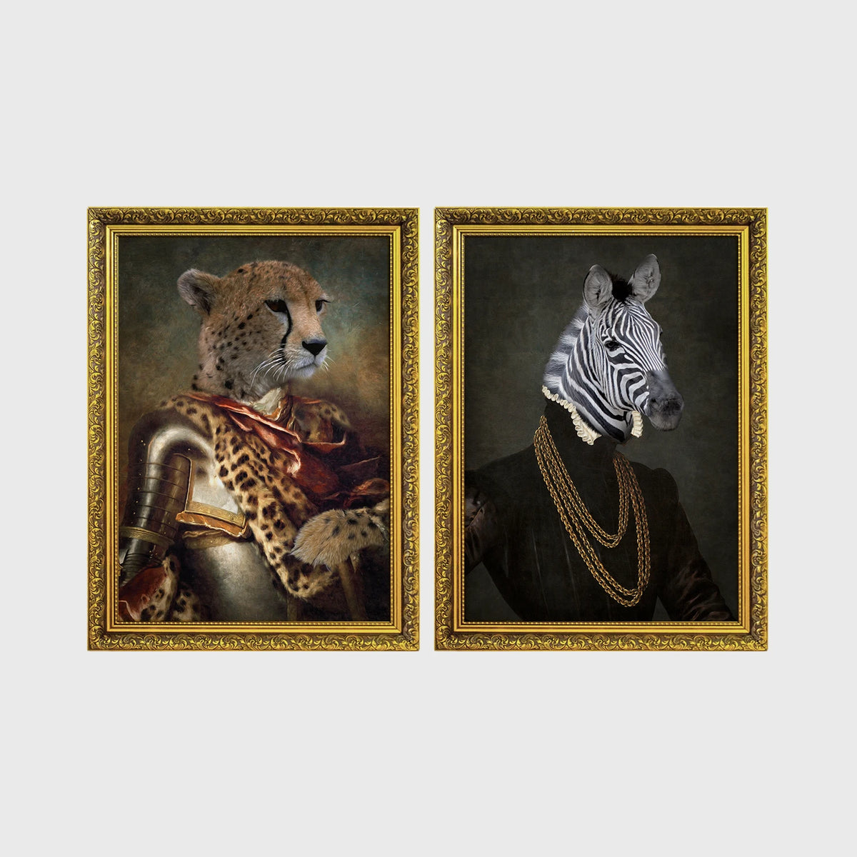 Set of 2 framed prints, animals in armour/noble dress: a cheetah in ornate armour; and a zebra in a dark robe with gold chains — unframed