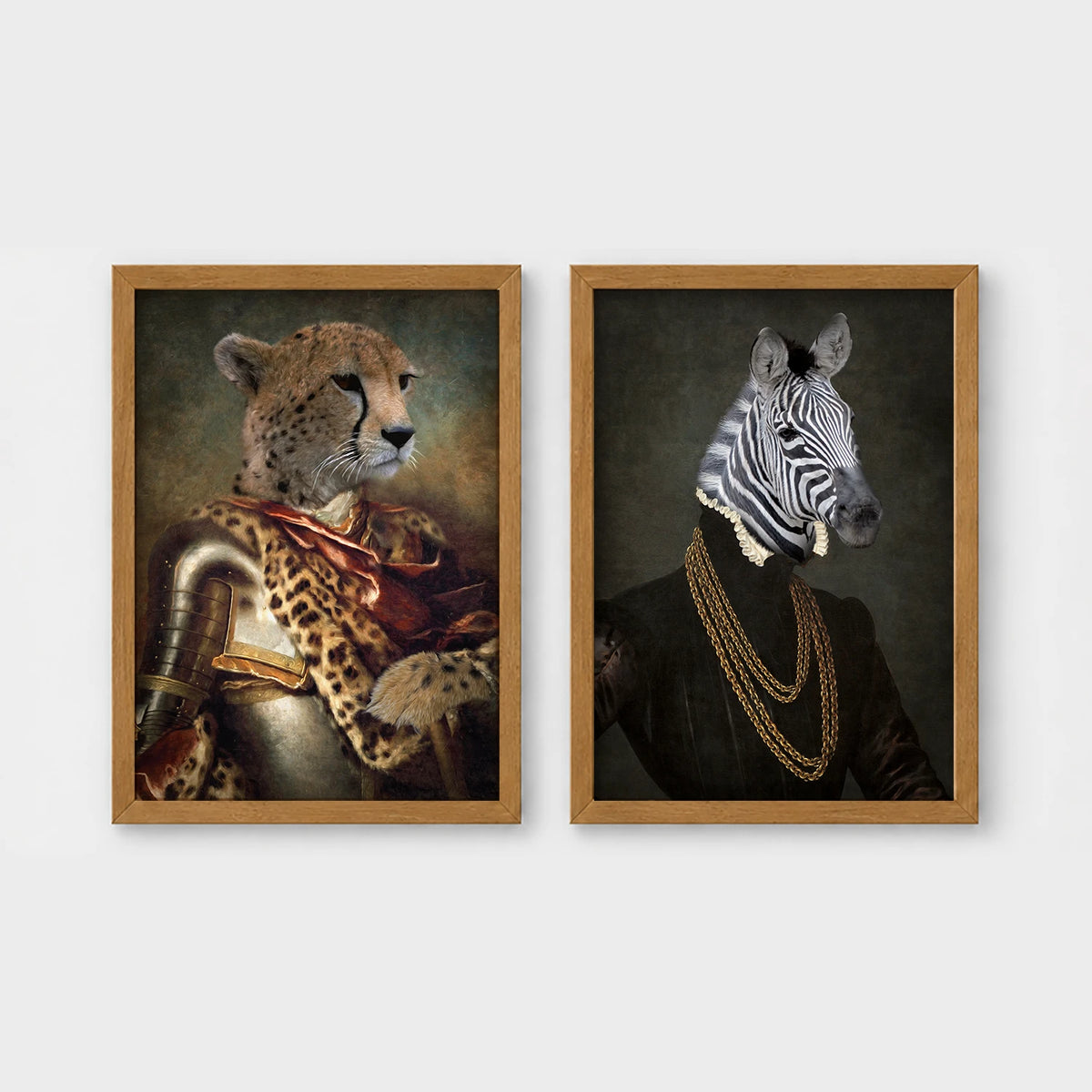 Set of 2 framed prints, animals in armour/noble dress: a cheetah in ornate armour; and a zebra in a dark robe with gold chains — unframed
