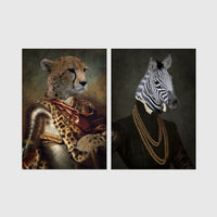 Set of 2 framed prints, animals in armour/noble dress: a cheetah in ornate armour; and a zebra in a dark robe with gold chains — unframed