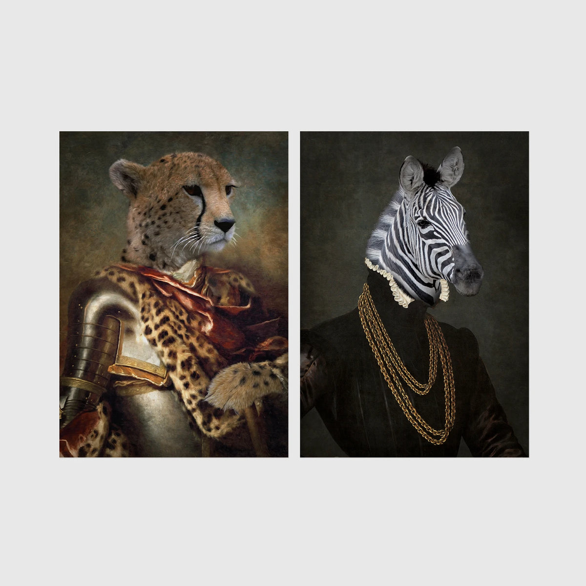 Set of 2 framed prints, animals in armour/noble dress: a cheetah in ornate armour; and a zebra in a dark robe with gold chains — unframed