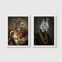 Set of 2 framed prints, animals in armour/noble dress: a cheetah in ornate armour; and a zebra in a dark robe with gold chains — unframed