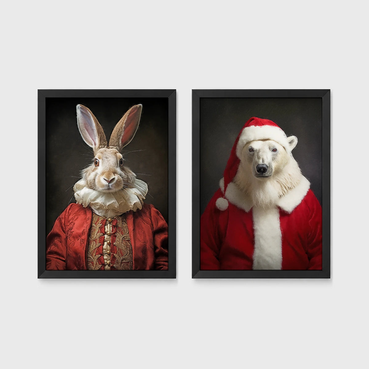 Set of 2 framed prints, animals in festive Christmas dress: a rabbit in a festive red robe; and a polar bear in a full Santa costume — unframed