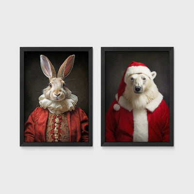 Set of 2 framed prints, animals in festive Christmas dress: a rabbit in a festive red robe; and a polar bear in a full Santa costume — unframed