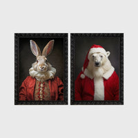 Set of 2 framed prints, animals in festive Christmas dress: a rabbit in a festive red robe; and a polar bear in a full Santa costume — unframed