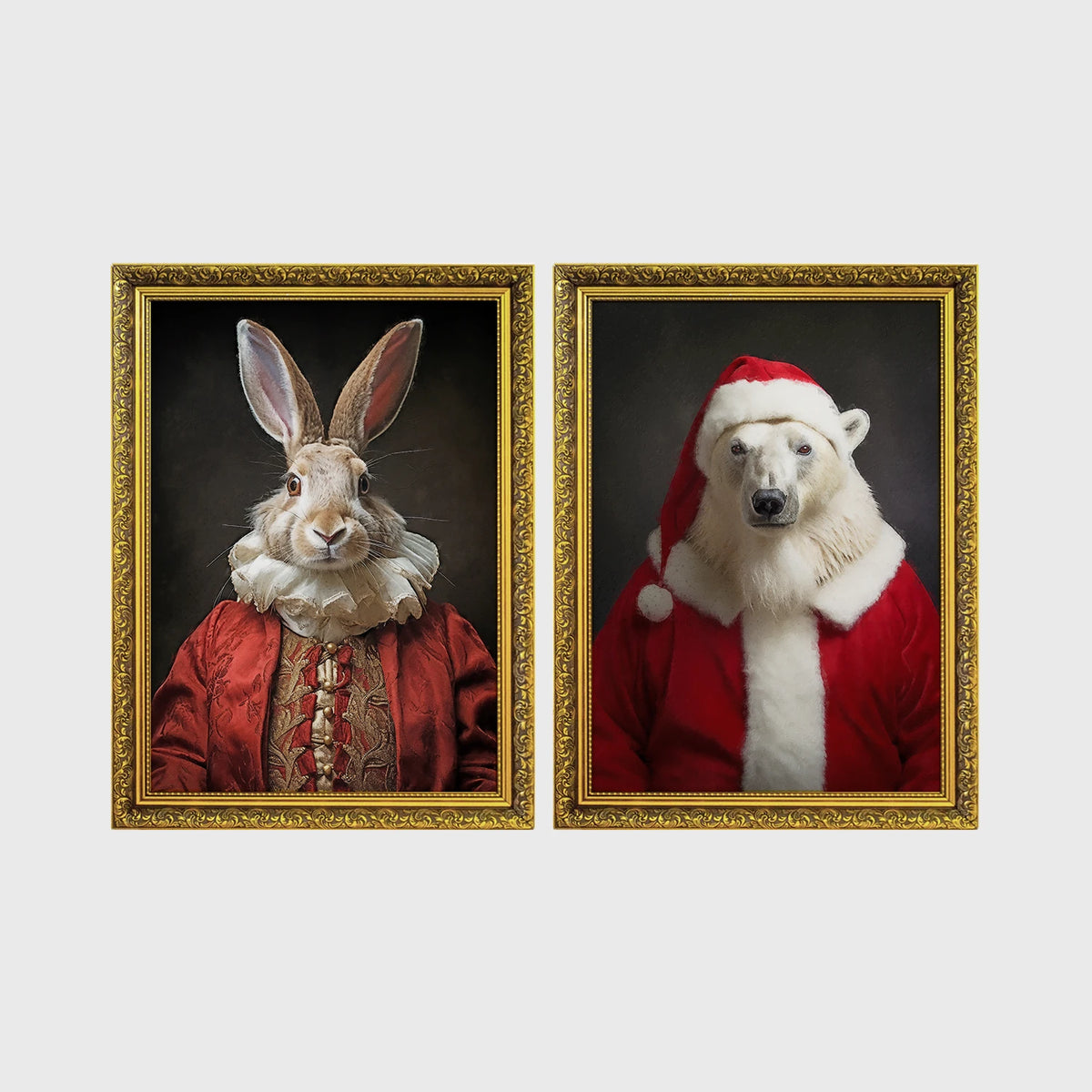 Set of 2 framed prints, animals in festive Christmas dress: a rabbit in a festive red robe; and a polar bear in a full Santa costume — unframed