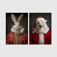 Set of 2 framed prints, animals in festive Christmas dress: a rabbit in a festive red robe; and a polar bear in a full Santa costume — unframed