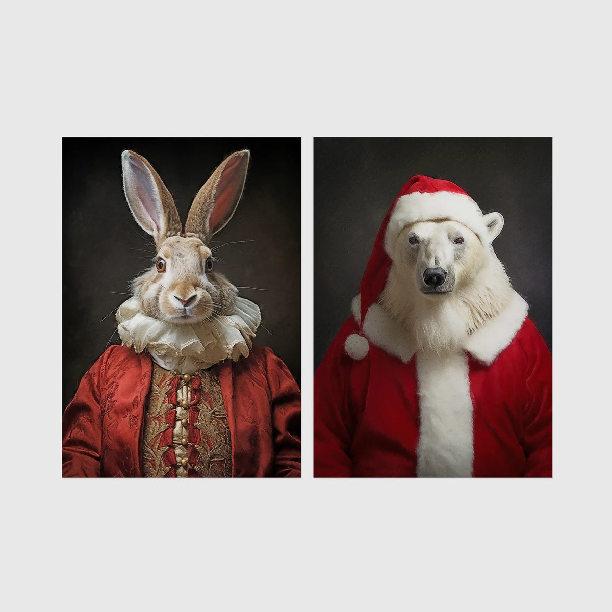 Set of 2 framed prints, animals in festive Christmas dress: a rabbit in a festive red robe; and a polar bear in a full Santa costume — unframed