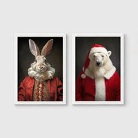 Set of 2 framed prints, animals in festive Christmas dress: a rabbit in a festive red robe; and a polar bear in a full Santa costume — unframed