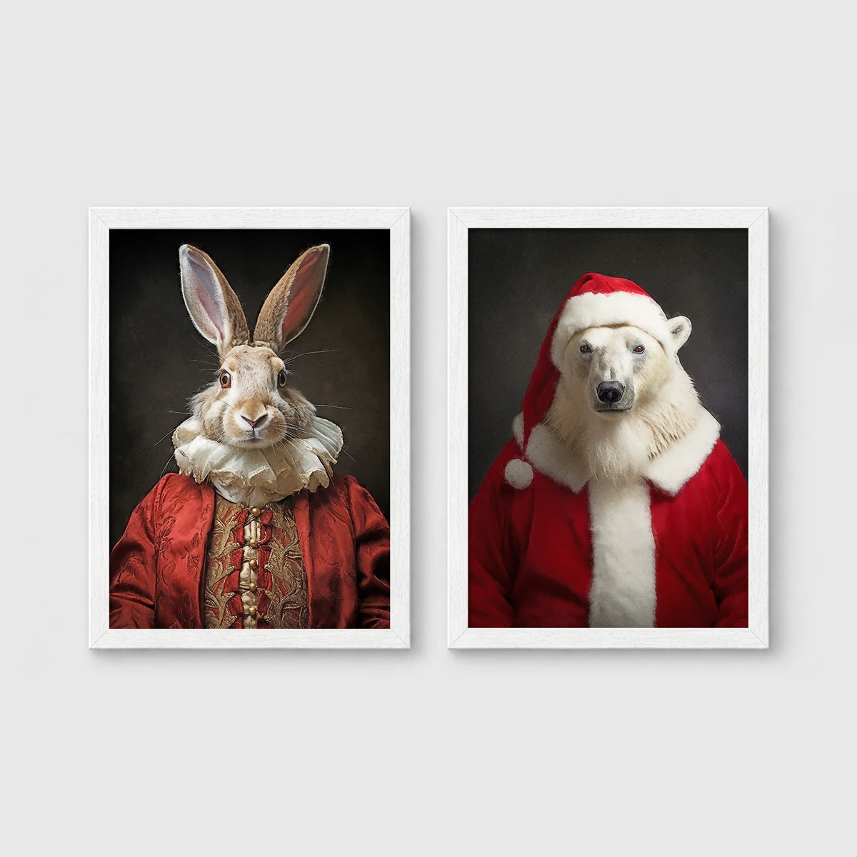 Set of 2 framed prints, animals in festive Christmas dress: a rabbit in a festive red robe; and a polar bear in a full Santa costume — unframed