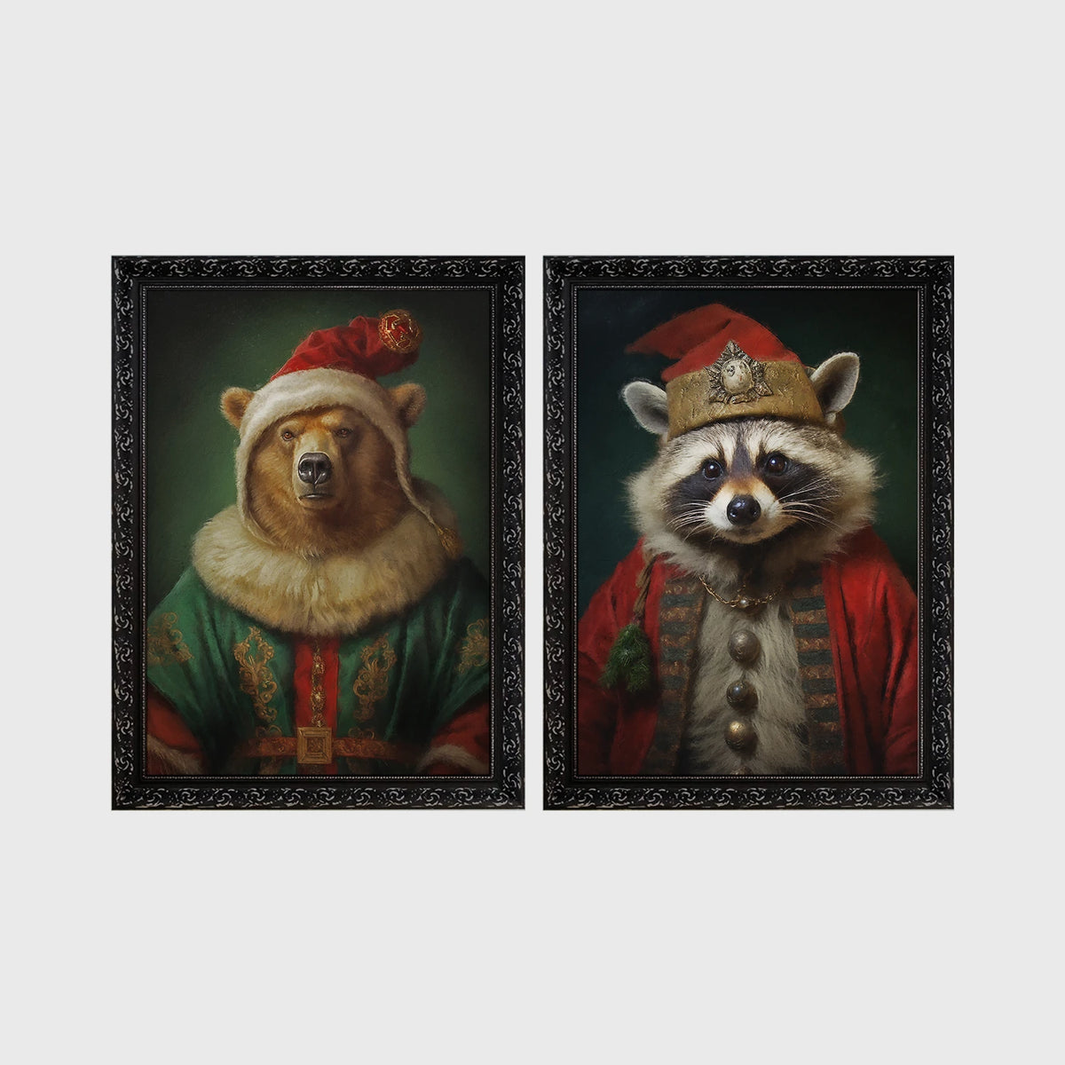 Set of 2 framed prints, animals in festive Christmas dress: a bear in a festive green and gold robe with a fur-trimmed hat; and a raccoon in a festive red robe with a crown hat — unframed