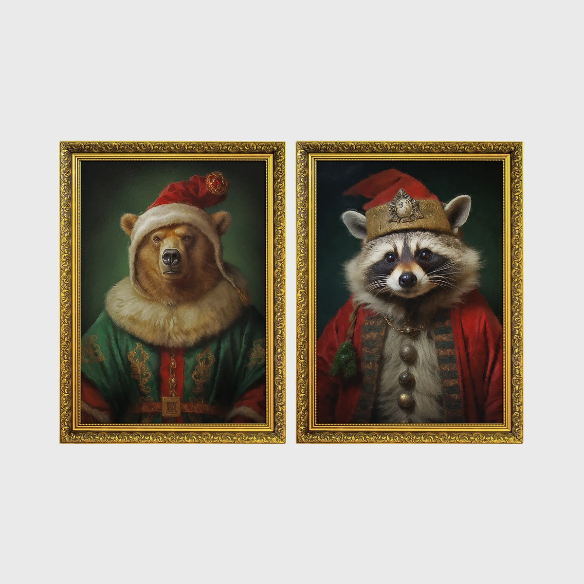 Set of 2 framed prints, animals in festive Christmas dress: a bear in a festive green and gold robe with a fur-trimmed hat; and a raccoon in a festive red robe with a crown hat — unframed